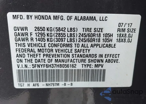 2017 Honda Pilot Ex from USA, damaged, VIN 5FNYF6H37HB056162